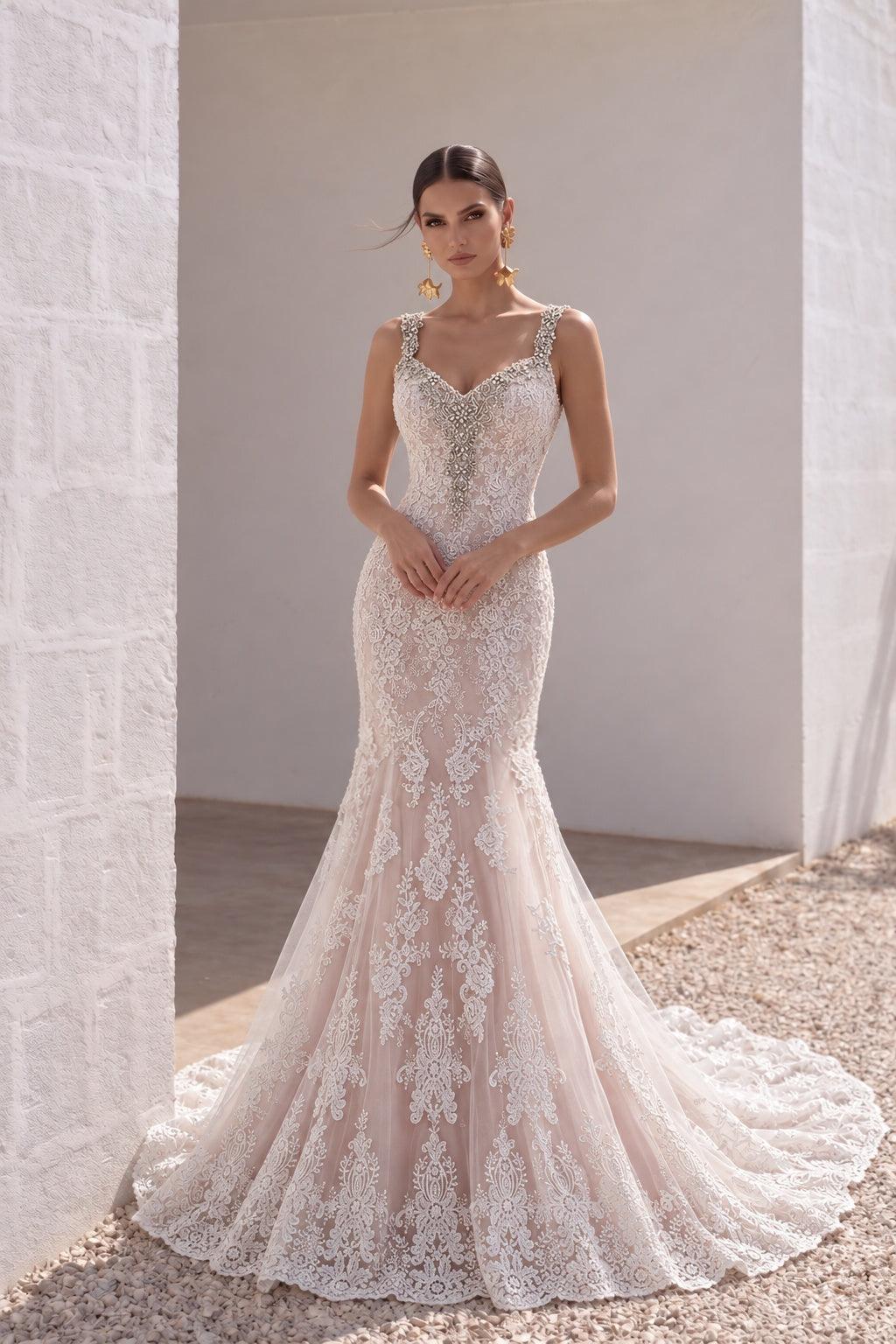 Trumpet-Mermaid Court Train Tulle Lace Wedding Dress LD3905 - 45 Days / As Picture:Ivory/Pearl Pink / US0-UK2-EUR30 - COCOMELODY